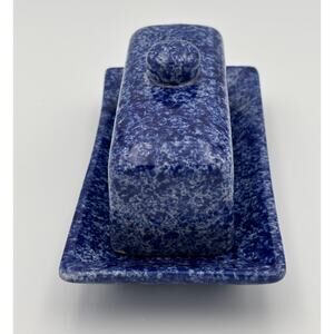 Rowe Pottery Blue Spongeware Butter Dish Covered Stoneware USA ARA Fatmhouse